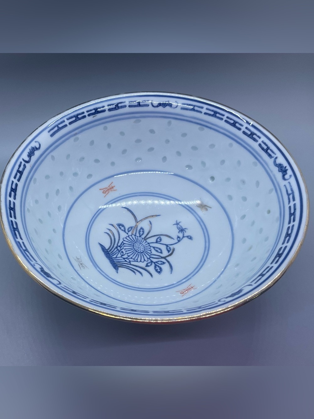 Vintage Rice Blue Floral Porcelain Serving Bowl with Gold Rim